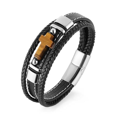 HZMAN Hand-Woven Genuine Leather Tiger Eye Cross Bracelets for Men