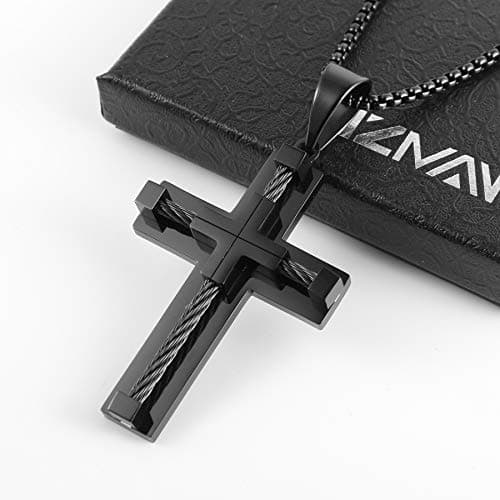HZMAN Stainless Steel Men's Double Layer Cross Necklace with Cable Inlay 22+2 Inch Chain