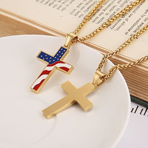 HZMAN American Flag Patriotic Cross Pendant Necklace