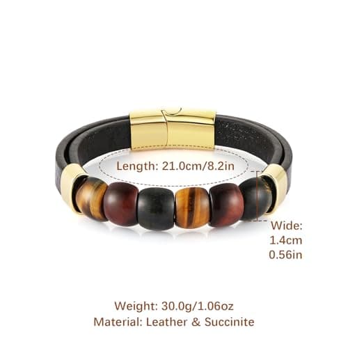 HZMAN Mens Gradient Tiger Eye Leather Bracelet for Leisure and Business