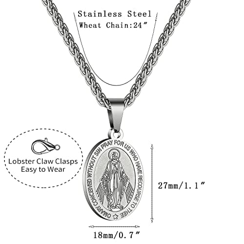 Apsvo Oval Catholic Saints Pendant Medallion, Stainless Steel Wheat Chain 24 Inches