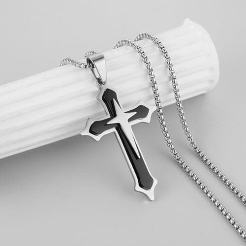HZMAN Men's High Polished Stainless Steel Multilayer Cross Necklace with 24Inch Chain