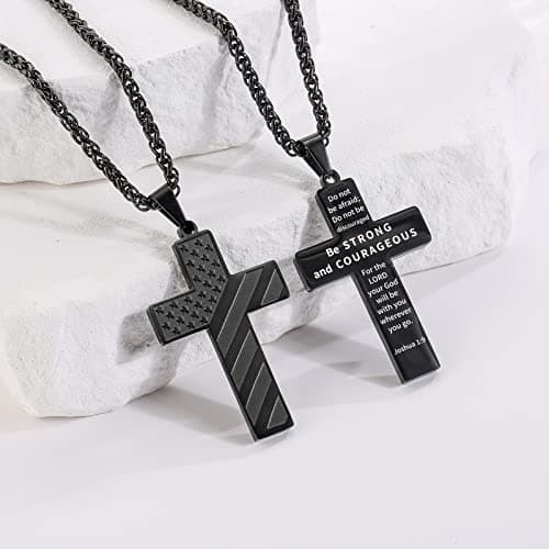 DuoDiner Graduation Gift: 18+2 Inch Cross Necklace with Bible Verse & American Flag Pendant for Men & Boys