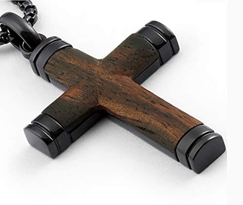 Metal Masters Co. Black Stainless Steel Cross Pendant with Real Santos Wood Necklace, 24" Round Box Chain