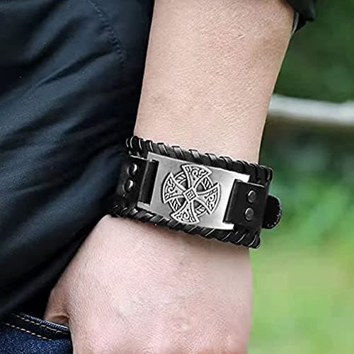 Celtic Solar Cross Bracelet, Leather Wristband with Irish Charm