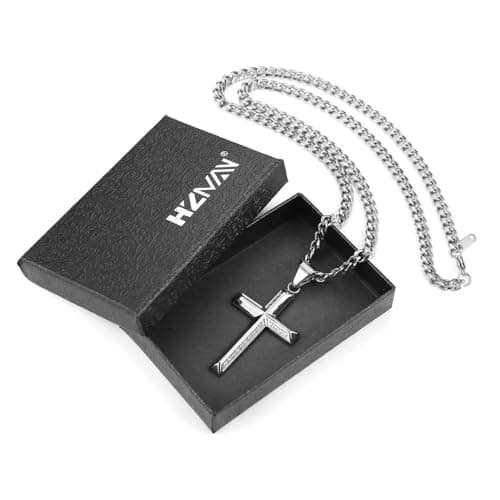 HZMAN Men's Stainless Steel Cross Pendant Necklace with Cubic Zirconia 5mm Cuban Chain 24 Inch