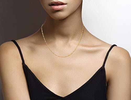 18K Gold Over Sterling Silver Diamond-Cut Figaro Chain Necklace for Women Men