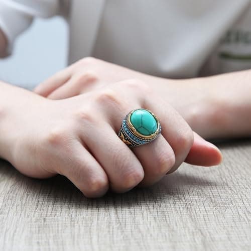 HZMAN Large Tiger Eye & Turquoise Gothic Wedding Ring Size 7-14