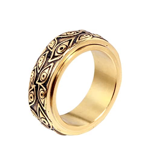 Vintage Men's Stainless Steel Engraved Eye of God Ring - Black Gold Tone