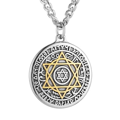 HZMAN Men's Stainless Steel Seal of Solomon Necklace - Retro Hexagram Talisman Pendant Gift