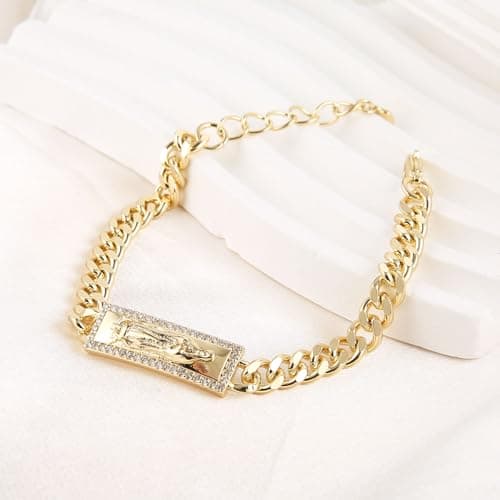 Virgin Mary Bracelet for Women with Cubic Zirconia Gold Plated Link Jewelry