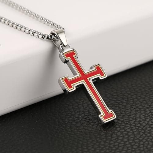 HZMAN Polished Stainless Steel Knights Templar Cross Pendant Necklace