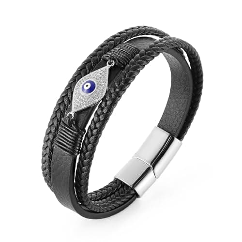 HZMAN Black Genuine Leather Evil Eye Bracelet with Rhinestones