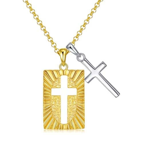 PROESS Sterling Silver Cross Necklace for Men with 22"+2" Chain Protection Amulet