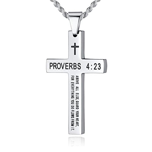 REVEMCN Men's Black Silver Stainless Steel Cross Necklace Faith Jewelry