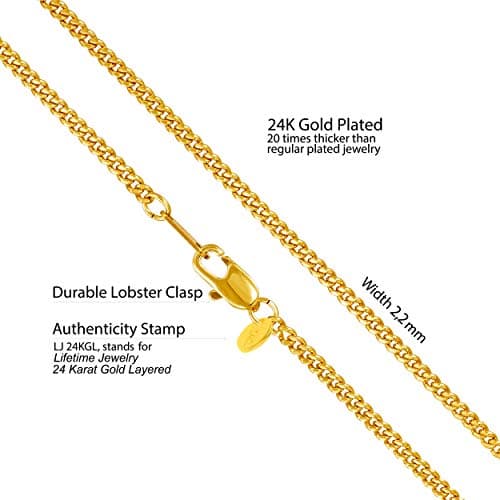 24K Gold Plated 2.2mm Curb Chain Necklace for Men & Women