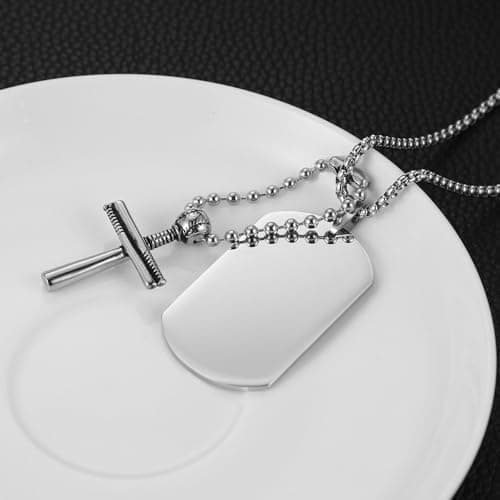HZMAN Men's Stainless Steel Baseball Cross Military Dog Tag Necklace