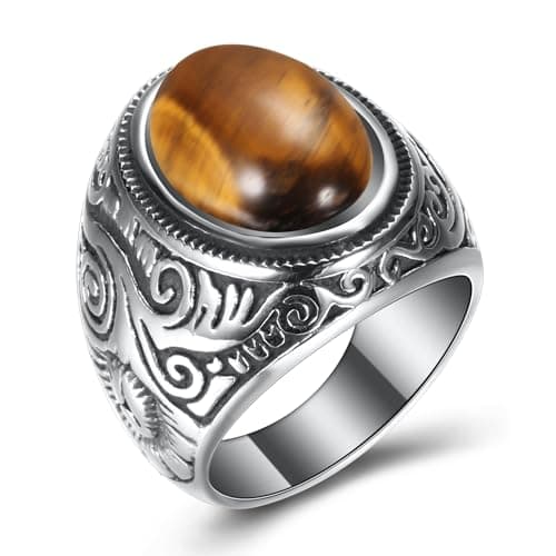 Retro Turquoise Stone Rings for Men, Stainless Steel Signet Biker Band