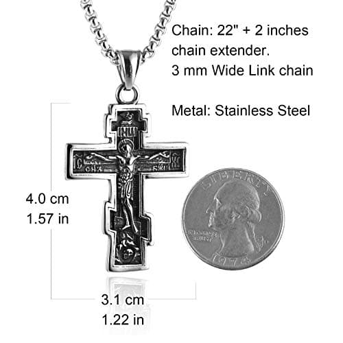 HZMAN Vintage Orthodox Cross Crucifix Necklace, Silver Gold Black, 22+2 Inches Chain