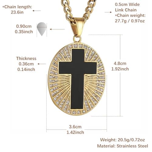 HZMAN Men's Stainless Steel Gold Cross Necklace Black Medal Pendant