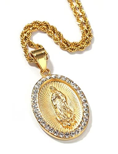 Gold Plated Virgin Mary Necklace 24in Chain for Men & Women