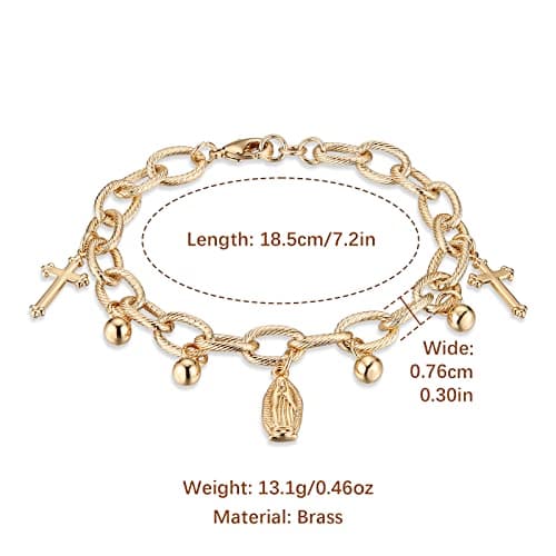 Dainty gold plated cable chain bracelet with rosary bead cross and Virgin Mary link - perfect gift for women and girls