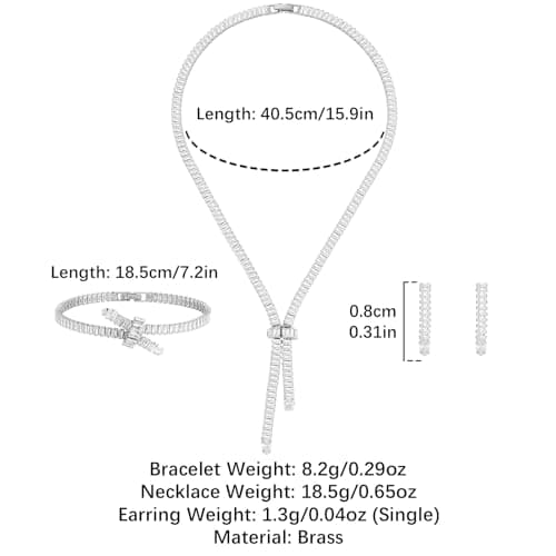 Crystal Jewelry Set for Women: 18K White Plated Cubic Zirconia Tassel Earring Necklace Bracelet