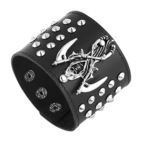 HZMAN Black Death Skull Leather Cuff Bracelet for Men