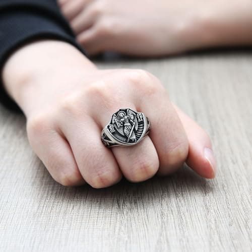 HZMAN Archangel Ring for Men: Stainless Steel Saint Michael Medal Statement Jewelry Gift