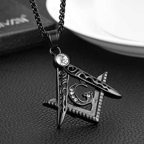 HZMAN Mens Freemason Symbol Cubic Zirconia Pendant Necklace 22+2 inch Chain