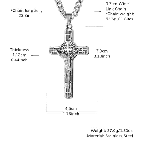 HZMAN Men's Stainless Steel Retro Saint Benedict Cross Pendant Necklace with Cuban Chain