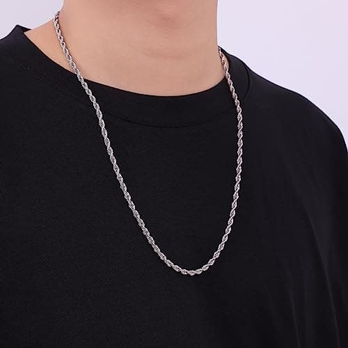 Fiusem 3mm Stainless Steel Chain Necklace for Men, Silver Tone