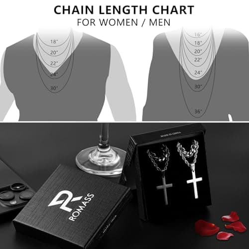 Romass Men's Silver & Black Layered Cross Necklace, Stainless Steel Pendant 18-24 Inches
