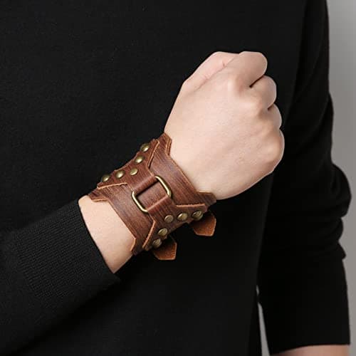 HZMAN Punk Style Adjustable Leather Bracelet for Men - Motorcycle, Archery, Costume Parties