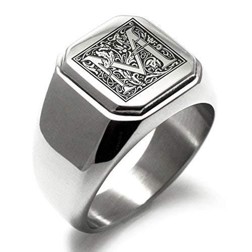Tioneer Stainless Steel Letter Ring | Square Flat Top Men's & Women's Jewelry (Black, Gold, Silver) Size 7-16