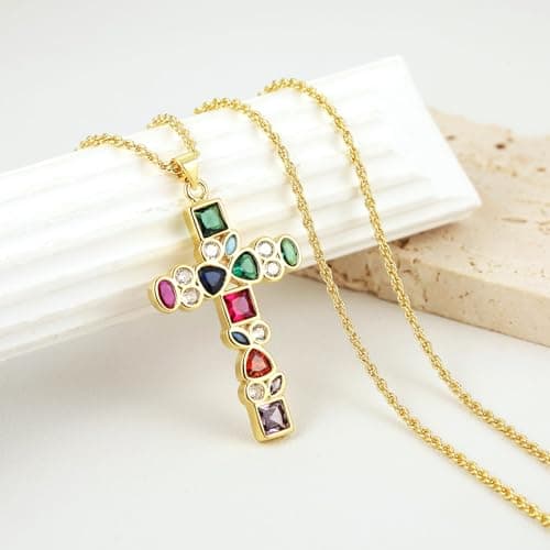 HZMAN Women's 18K Gold Plated Dainty Cross Pendant Necklace Cubic Zirconia Gift