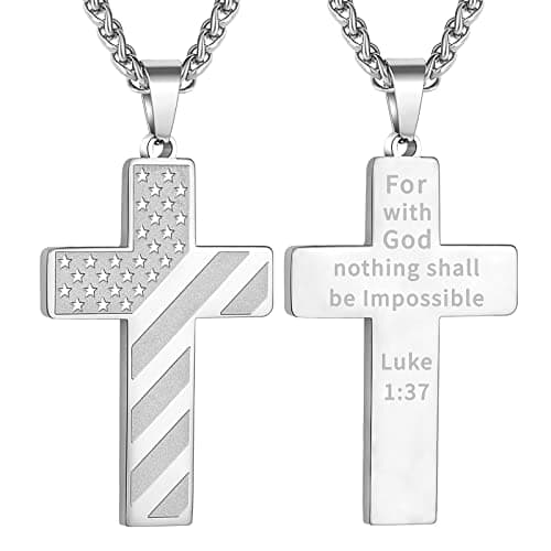 DuoDiner Graduation Gift: 18+2 Inch Cross Necklace with Bible Verse & American Flag Pendant for Men & Boys