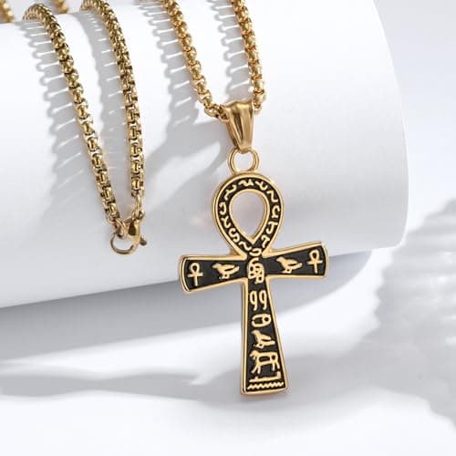 Ancient Egyptian Ankh Cross Pendant Necklace with Coptic Chain - 24 Inch Stainless Steel Chain