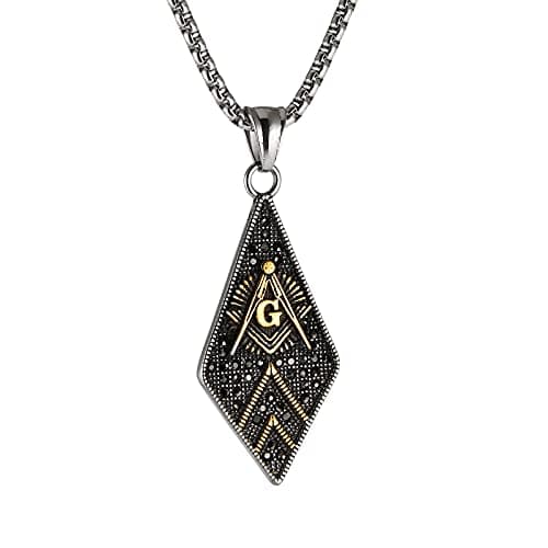 HZMAN Freemason Symbol Stainless Steel Pendant Necklace with Cubic Zirconia