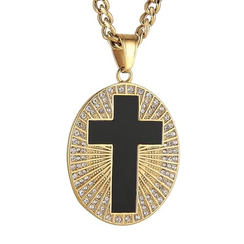 HZMAN Men's Stainless Steel Gold Cross Necklace Black Medal Pendant