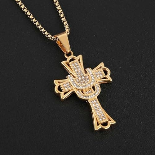HZMAN Mens 18k Gold Plated Stainless Steel Hip-Hop Cross Cz Pendant Necklace