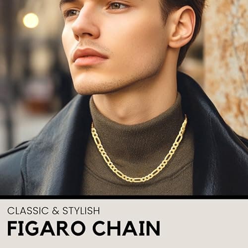 KISPER Italian Made 18k Gold Figaro Chain Necklace for Men