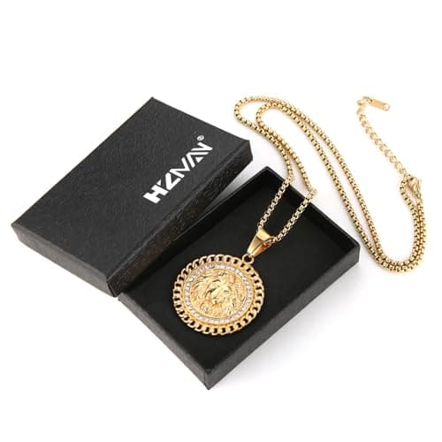 HZMAN 18K Gold Plated Lion Head Necklace for Men Stainless Steel Jewelry