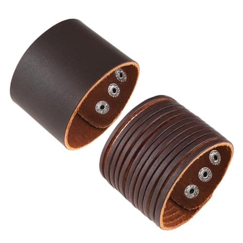 HZMAN 2Pcs Genuine Leather Men's Punk Wide Cuff Bracelets