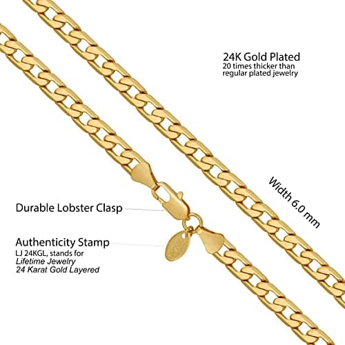 LIFETIME 24k Gold Plated Cuban Link Curb Chain Necklaces (3mm, 6mm, 9.5mm)