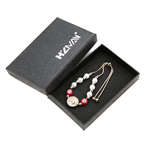 HZMAN Evil Eye Bracelet for Women Girls 14K Gold Plated Saint Benedict Medal Retro Blue Eye Bead Protection Stretch Bracelet