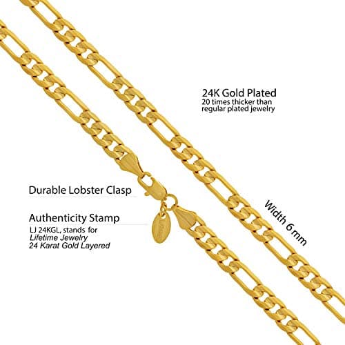 6mm Figaro Chain Necklace for Men and Women - 24k Gold Plated