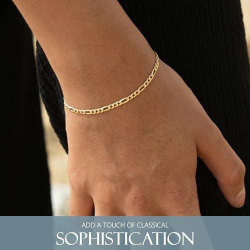 KISPER Italian 925 Sterling Silver 18k Gold Plated Diamond-Cut Figaro Chain Bracelet, 3mm