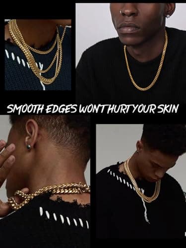 ChainsHouse Miami Cuban Link Chain Necklace for Men, 14K Gold Plated/SS/Black, 14"-30" Length