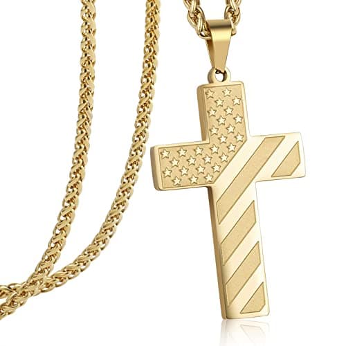 DuoDiner 24 Inch Cross Necklace for Men Boys Kids - Bible Verse American Flag Pendant Baptism First Communion Graduation